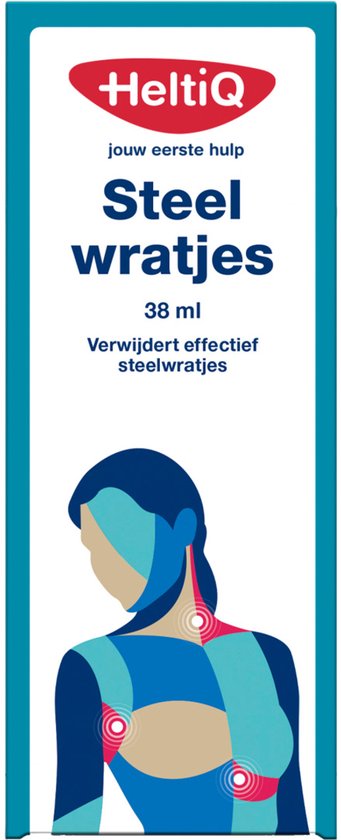 Blauwe verpakking met HeltiQ logo, tekst 'Steel wratjes' en afbeelding van een vrouw met stippen op nek en borst.