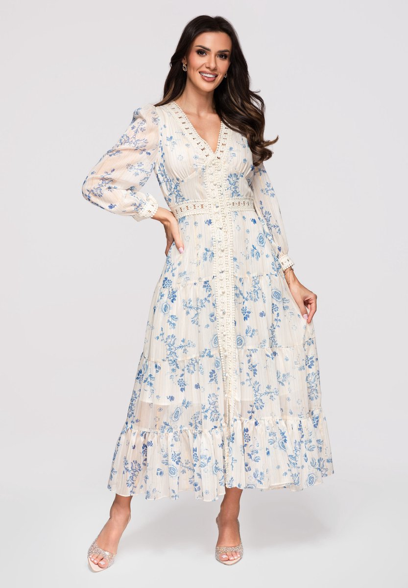 LARICA Jurk - Lange Mouw - Geen Sluiting - Gebloemd Blauw L