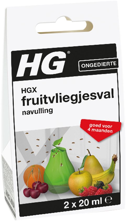 HGX fruitvliegjesval navulling met afbeelding van fruit en vliegen.