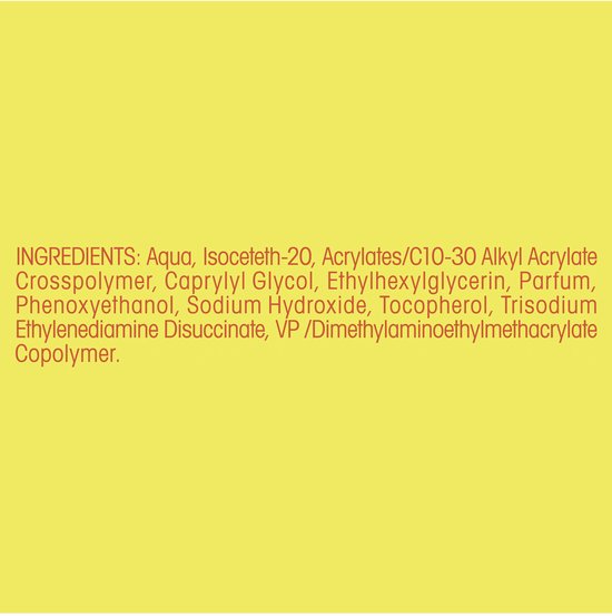 Ingrediëntenlijst van Zwitsal Goedemorgen Haargel op gele achtergrond.