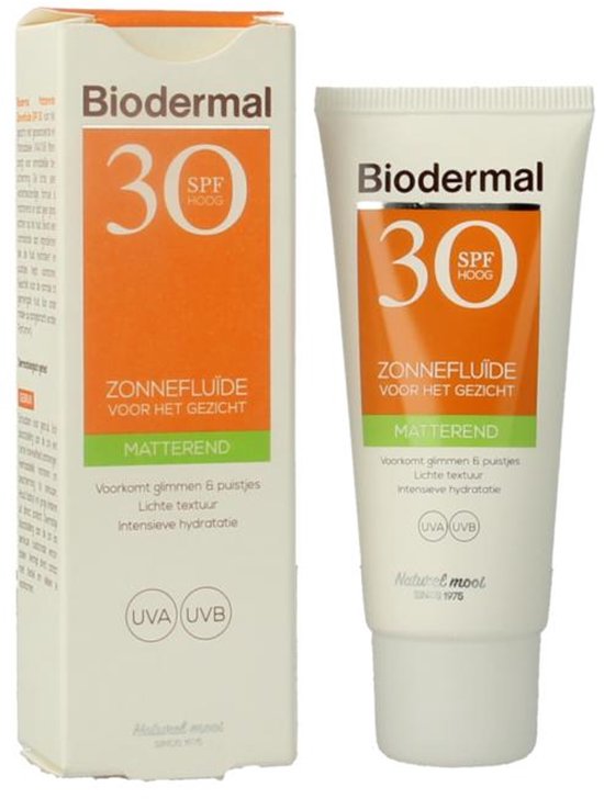 Biodermal Zonnebrand -  Matterende Zonnefluïde voor het gezicht SPF 30 - 40ml - Voorkomt glimmen en puistjes