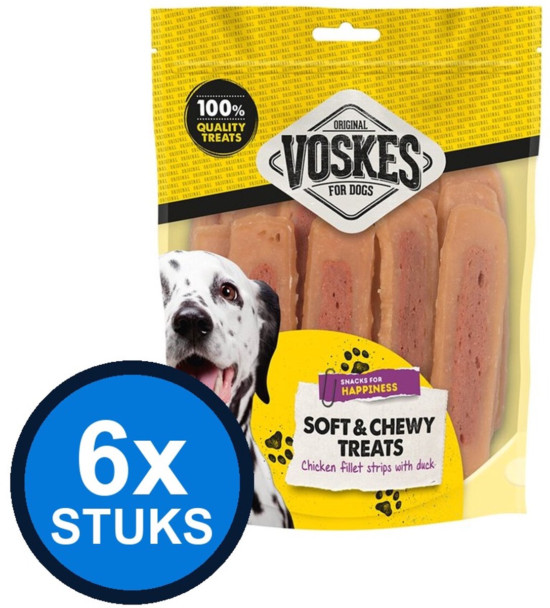 6x Voskes Kipfilet Strips met Eend - Hondensnack - 400g
