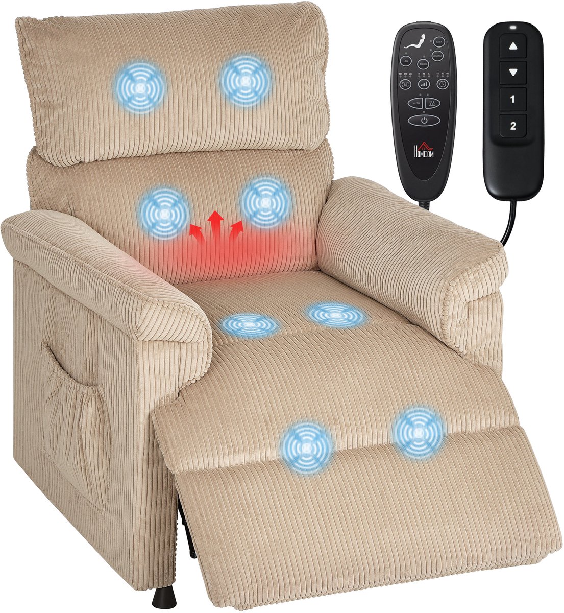 Homcom Massagestoel met Verwarming en Ligfunctie Corduroy - Relaxfauteuil - TV-stoel - Elektrische Fauteuil - Bruin