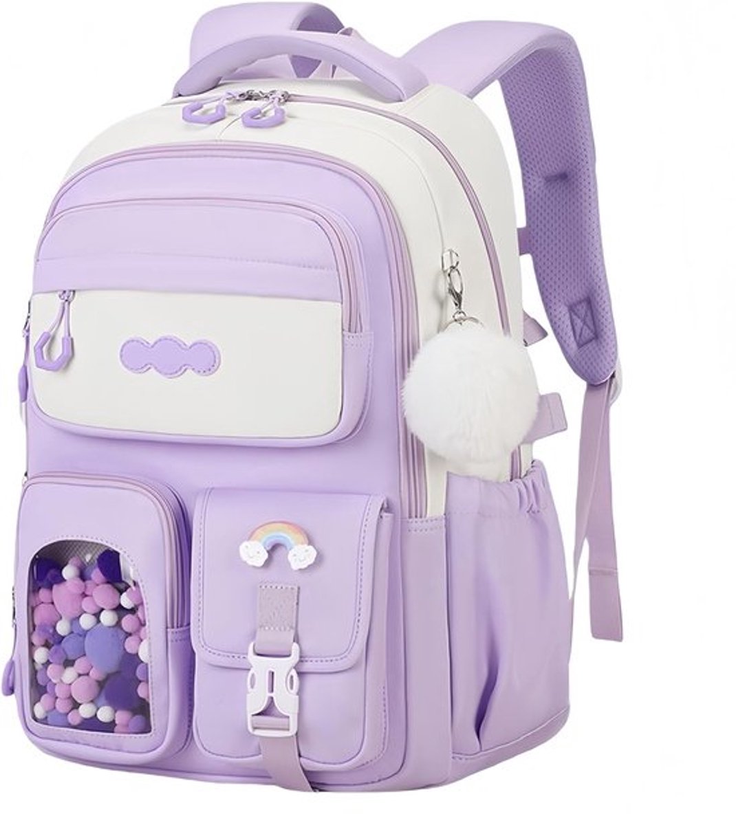 Schattig Meisjes Rugzak - Kawaii Kinderrugzak - Lichtgewicht Ergonomische Grote Capaciteit Schooltas met Pluizige Hanger - Dagrugzak voor Meisjes Reizen en Dagelijks Gebruik