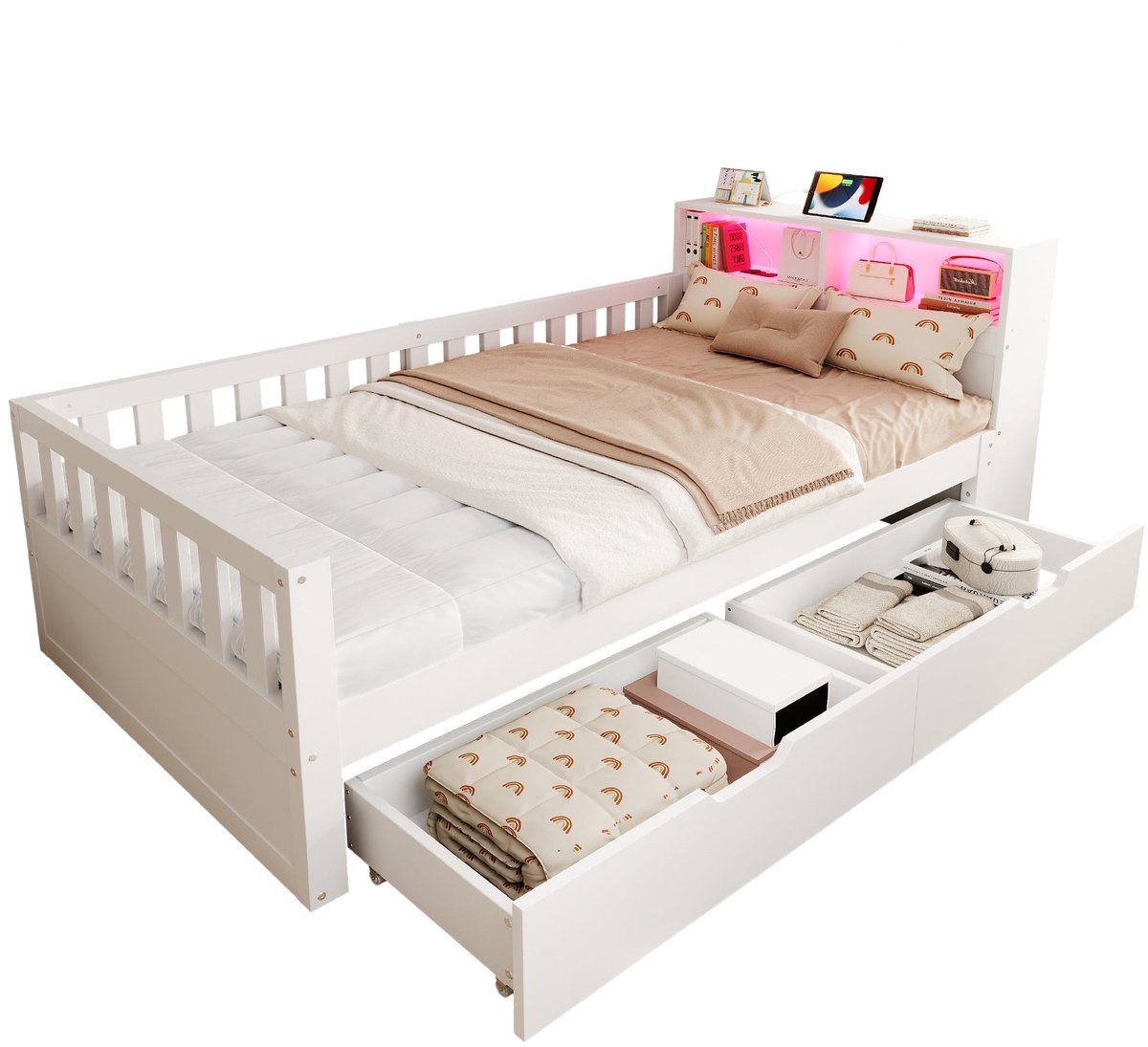 Merax Eenpersoonsbed 90x200 cm - Bed Met Opbergruimte - 2 Laden - Hoofdbord Met Opbergvakken - LED Verlichting - USB-C En Stopcontact - Veiligheidshek - Wit