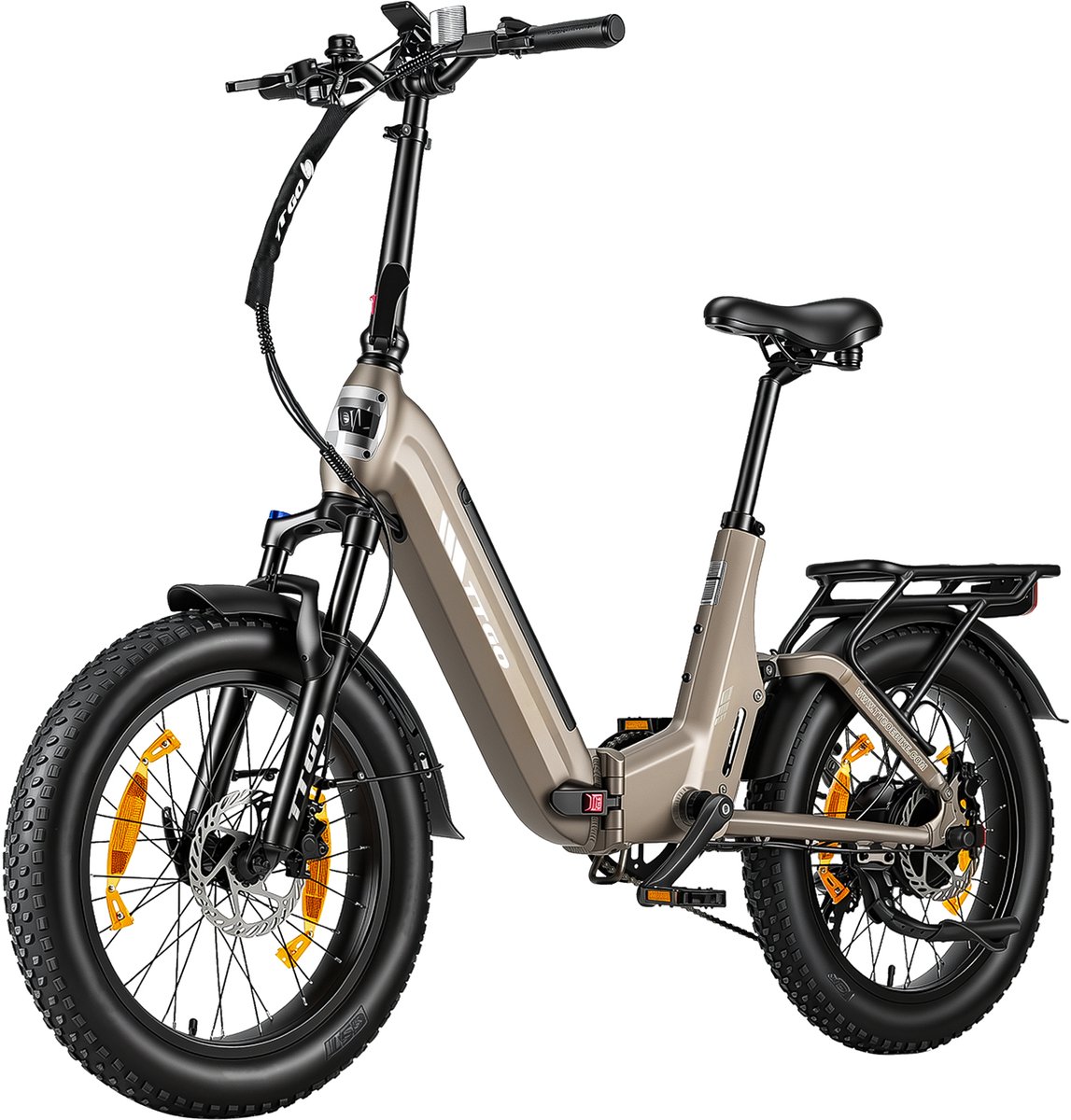 20*3.0" Elektrische vouwfietsen- 48V 15Ah (720Wh) Lithium Accu – Actieradius tot 120 km – Softtail-vering – Hydraulische Schijfremmen –Geveerde voorvork met lockout​ –Krachtsensor– 70Nm– Shimano 7 Versnellingen– Elektrische Stadsfiets– Champagnegoud