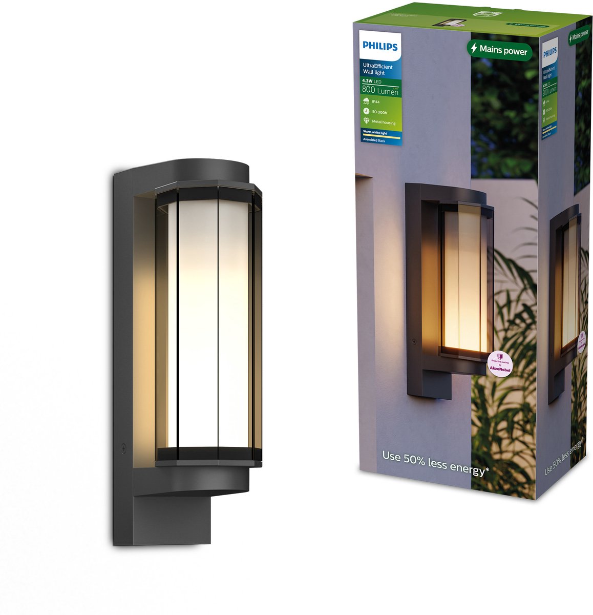 Philips Avendale UltraEfficient Wandlamp - Buitenlamp - Warmwit licht: 2700K - Weerbestendig: IP44 - Zwart - 4.3W