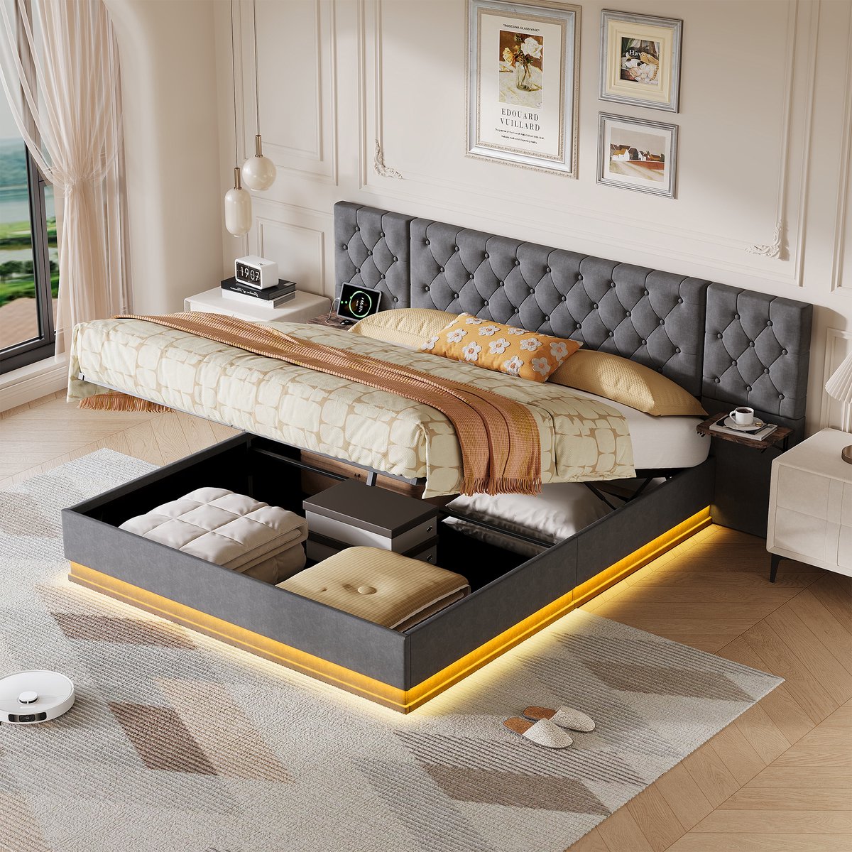Opbergbed 160x200 cm met ledverlichting en USB-poorten, Tweepersoonsbed met hydraulische lift, Gestoffeerd met 2 houten planken, Linnen Grijs