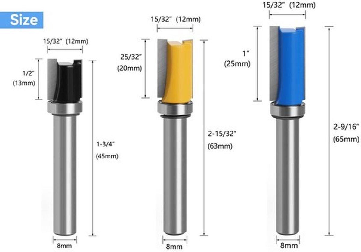 Kantenfrees - Houtbewerking - C3 microkristallijne wolfraamcarbide - 8 mm - Trim snijgereedschap - Voor hout en laminaat - 3 stuks