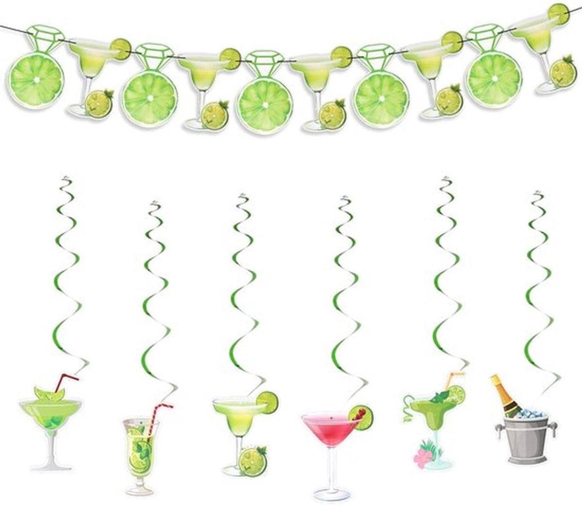 Feestdecoratie Groen/Roze - Martini Glazen Banner - Hangende Swirls - Feestversiering - Zomer Feestbenodigdheden - Dik Papier