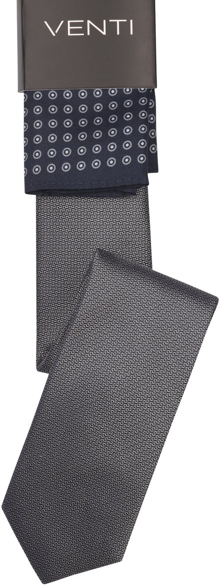 VENTI set met stropdas en pochet - grijs - donkerblauw - wit dessin