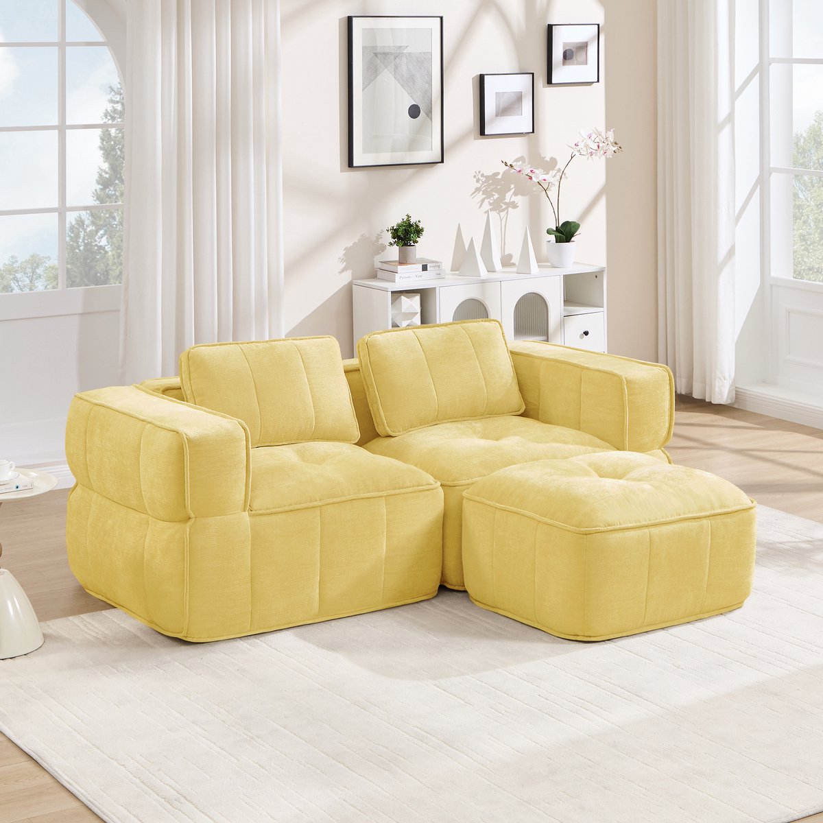 Hoekbank Modulaire 2-Zits Bank Met Hocker - Diepe Zit En 32D Schuim - Voor Woonkamer En Appartement - Polyester Geel