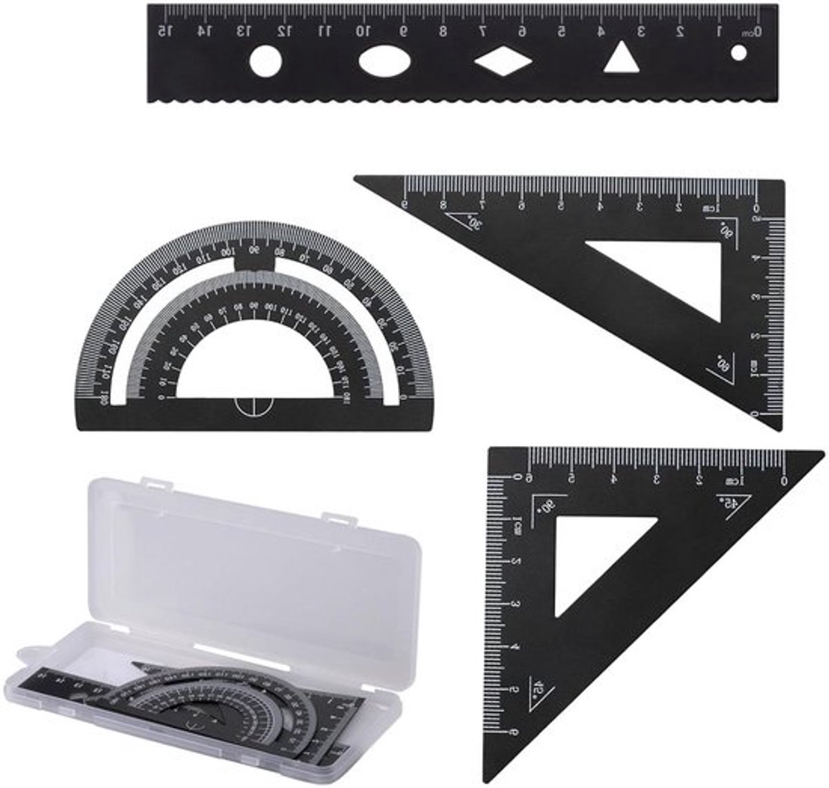 Premium - 4-delige set aluminium geometrie gereedschap - 15 cm liniaal - Roestvrijstalen liniaal - 60°/45° rechthoekige driehoek - Voor studenten, leraren, ingenieurs