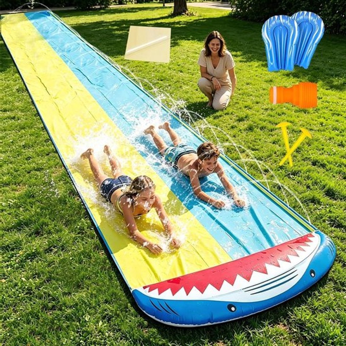 Dubbele Waterglijbaan van 480 cm met 2 Bodyboards en Geïntegreerde Sprinkler voor Zomerfeesten en Waterspelen in de Tuin en op het Gazon