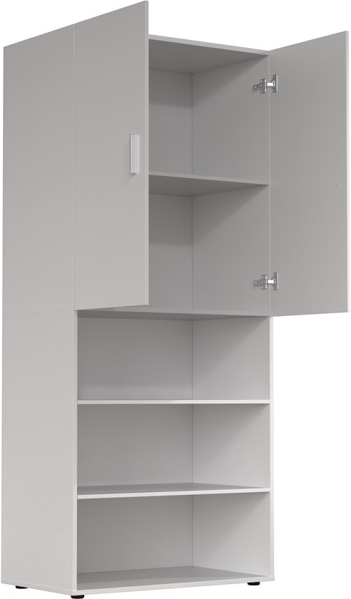 Hoge, witte kast met twee open deuren bovenaan en open planken onderaan.