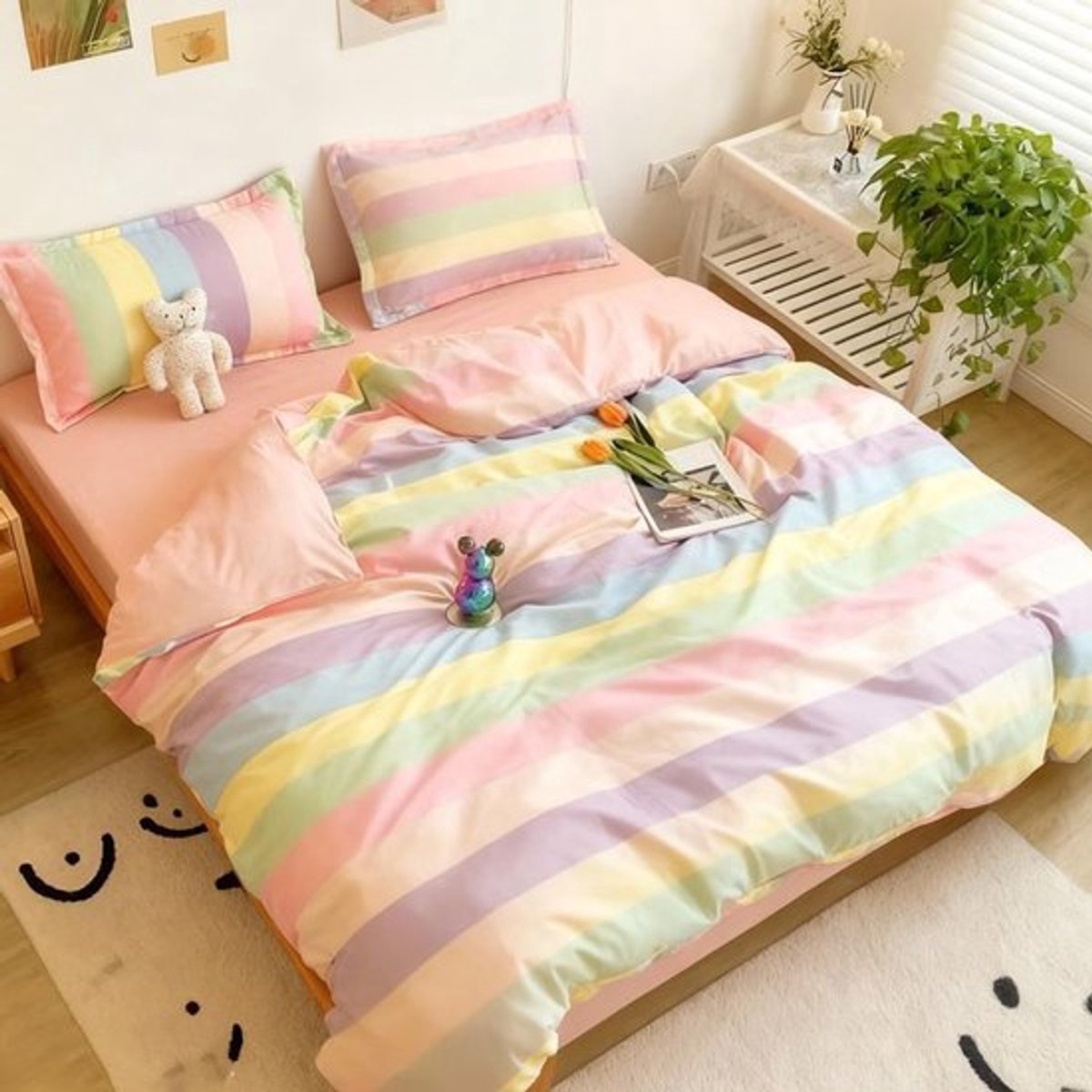 Kleurige Regenboog Strepen Kinderbedlinnen 135 x 200 cm met Dekbedovertrek en Kussensloop 80 x 80 cm, Ideaal voor Kinderen en Slaapkamers