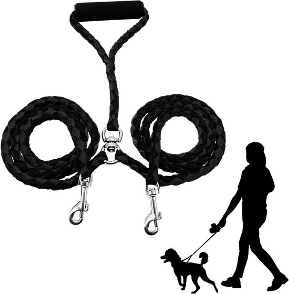 Dubbele hondenriem - Geen verstrikking - Touwhondenriem met zachte gevoerde handgreep - Sterke hondenlijn - Verstelbaar voor 2 honden - binnen en buiten - 140 cm