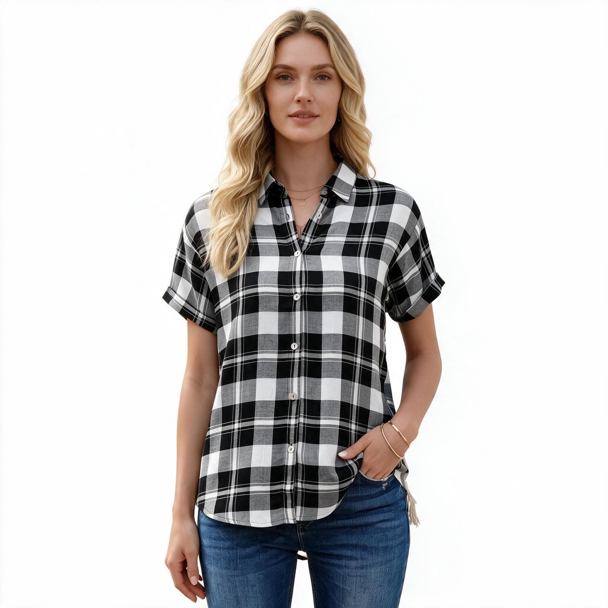 Imily Bela Dames Geruite Blouse met Korte Mouwen