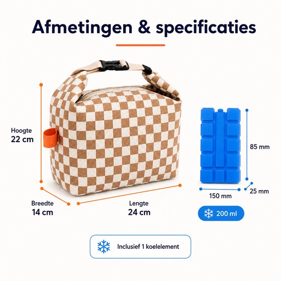VHV - Koeltas - Geïsoleerde Lunchtas - Geïsoleerde Koeltas - koeltas - 200 ml Koelelementen - Corduroy - Aluminium Binnenvoering - 24x14x22cm Opvouwbaar - Voor Werk, School en Picknick - Beige Ruitpatroon van Vhv — afbeelding 2