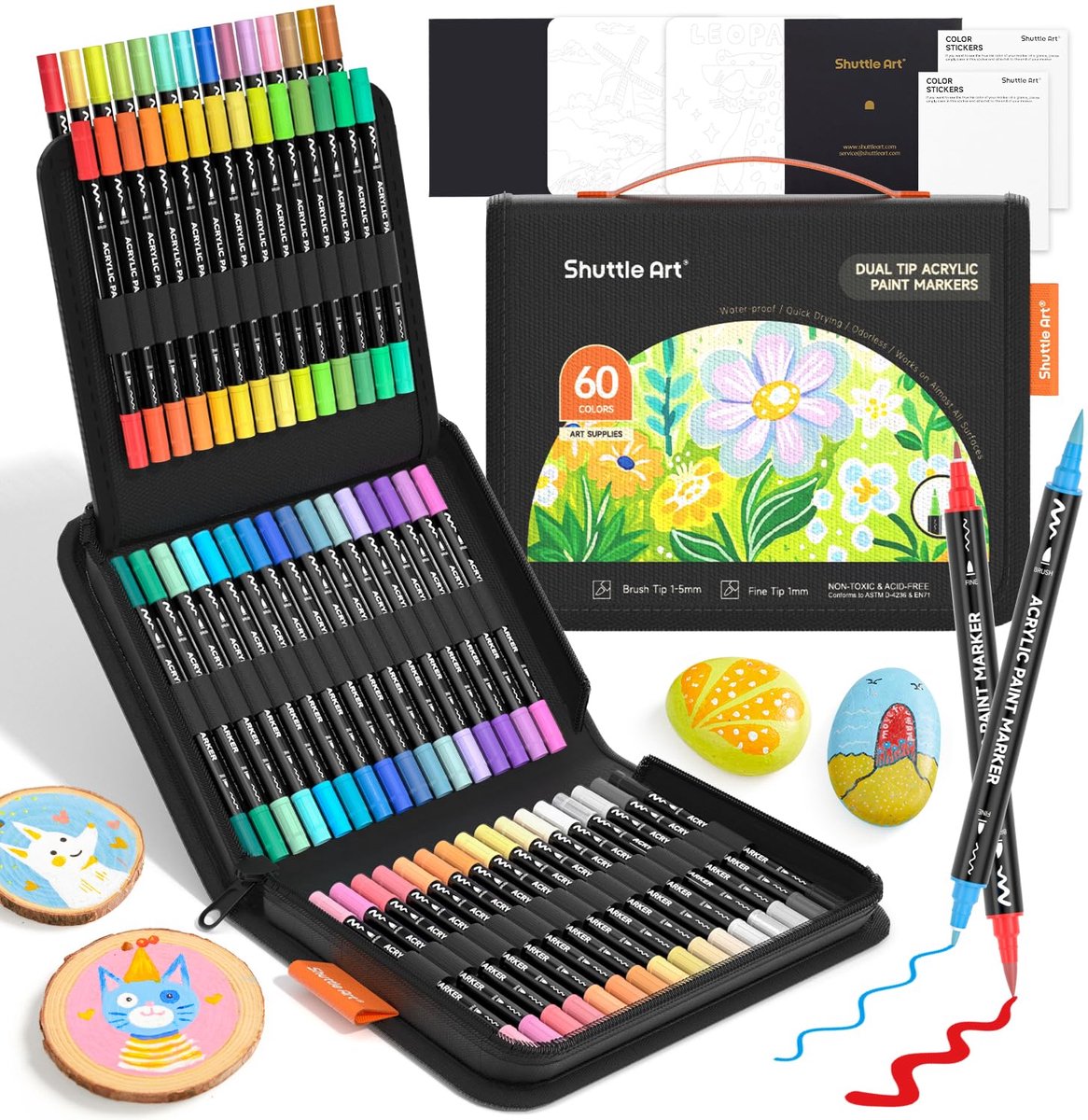 Acrylmarkers 60 Kleuren – Dubbele Punt Brush & Fine – 15 Metallic Kleuren – Voor Steen, Glas, Hout & Canvas