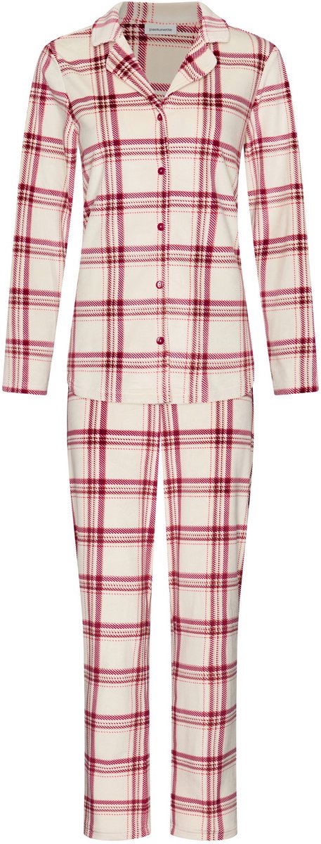 Pastunette - Alpine Creme - Pyjama - Doorknoop - Velours Fleece - Creme/Rood - Geruit - Maat 42