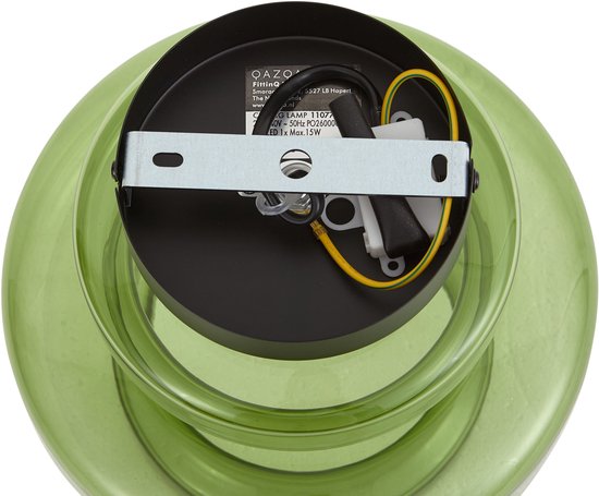 Bovenaanzicht van de bevestiging en bedrading van de groene glazen plafondlamp.