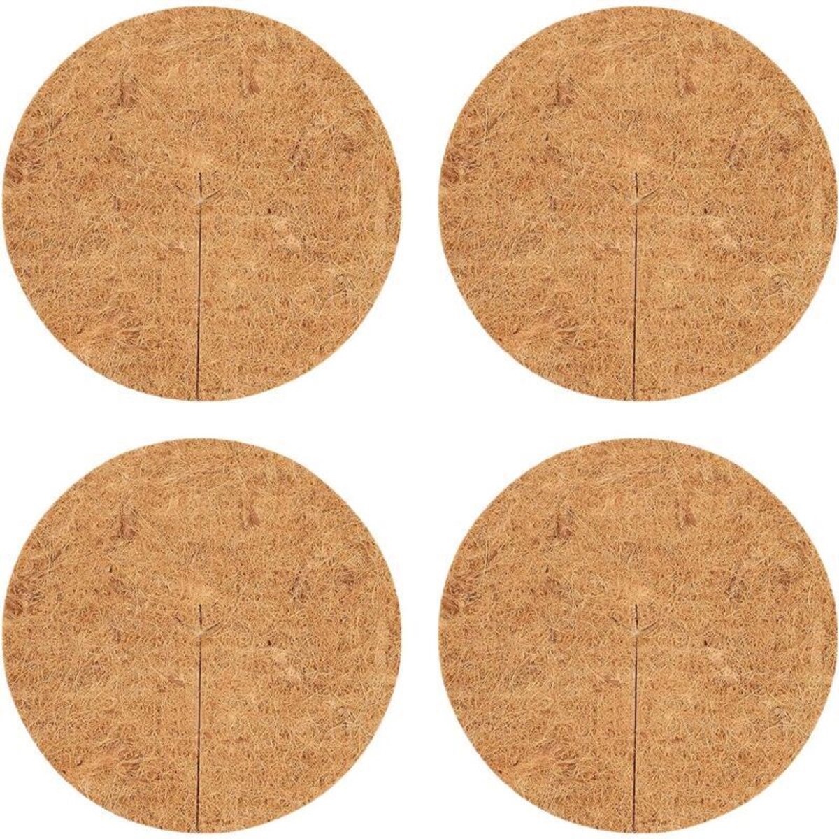 Set van 4 plantenbeschermingsmatten: stoffen achterkant, kokosnootschaal, linnen mat, plantenmat van kokosnootschaal, kokosvezelmat, biologisch afbreekbare plantenbeschermingsmat.