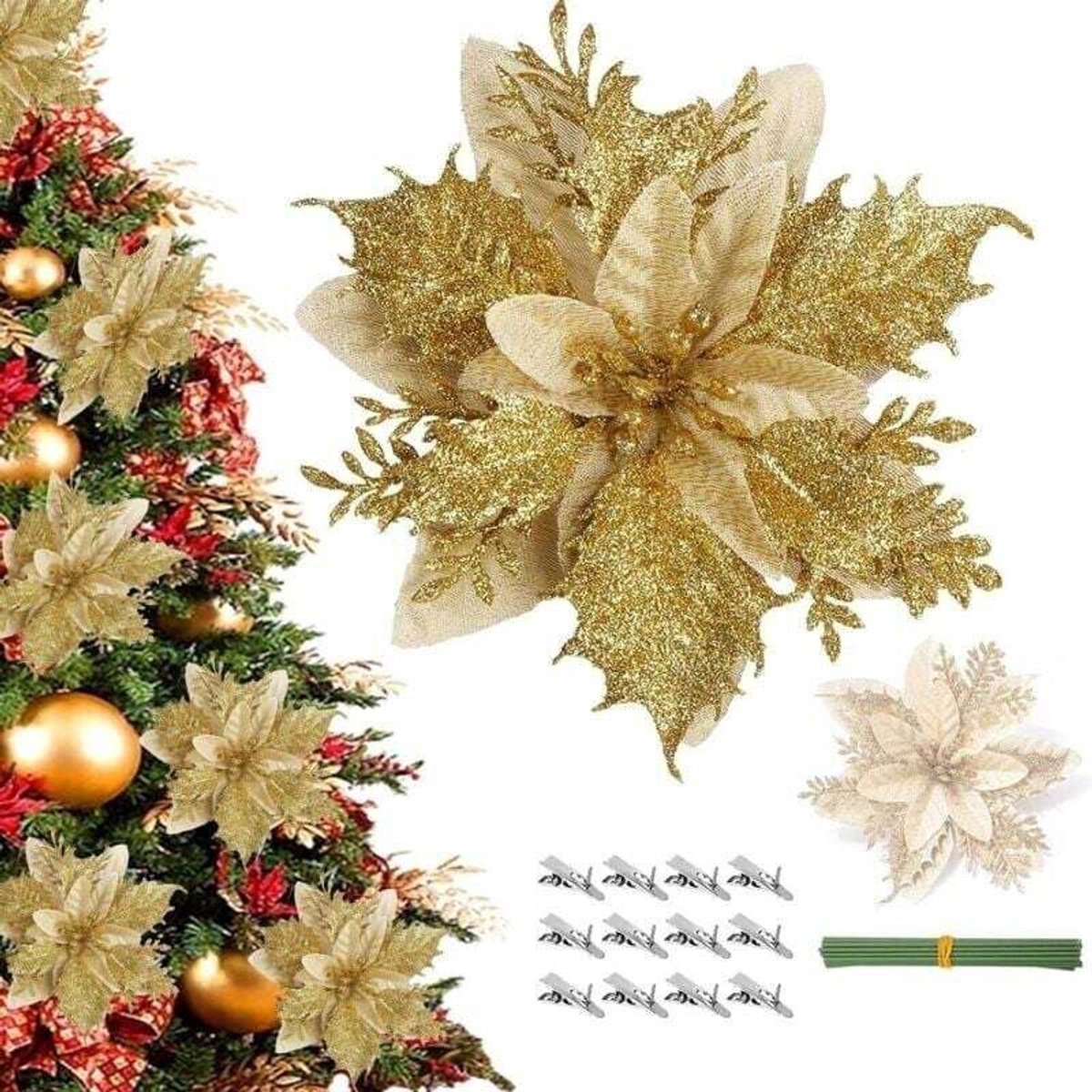 12 poinsettia's, rood en goud versierde poinsettia's, glinsterende kunstpoinsettia's geschikt voor clips en stelen, geel