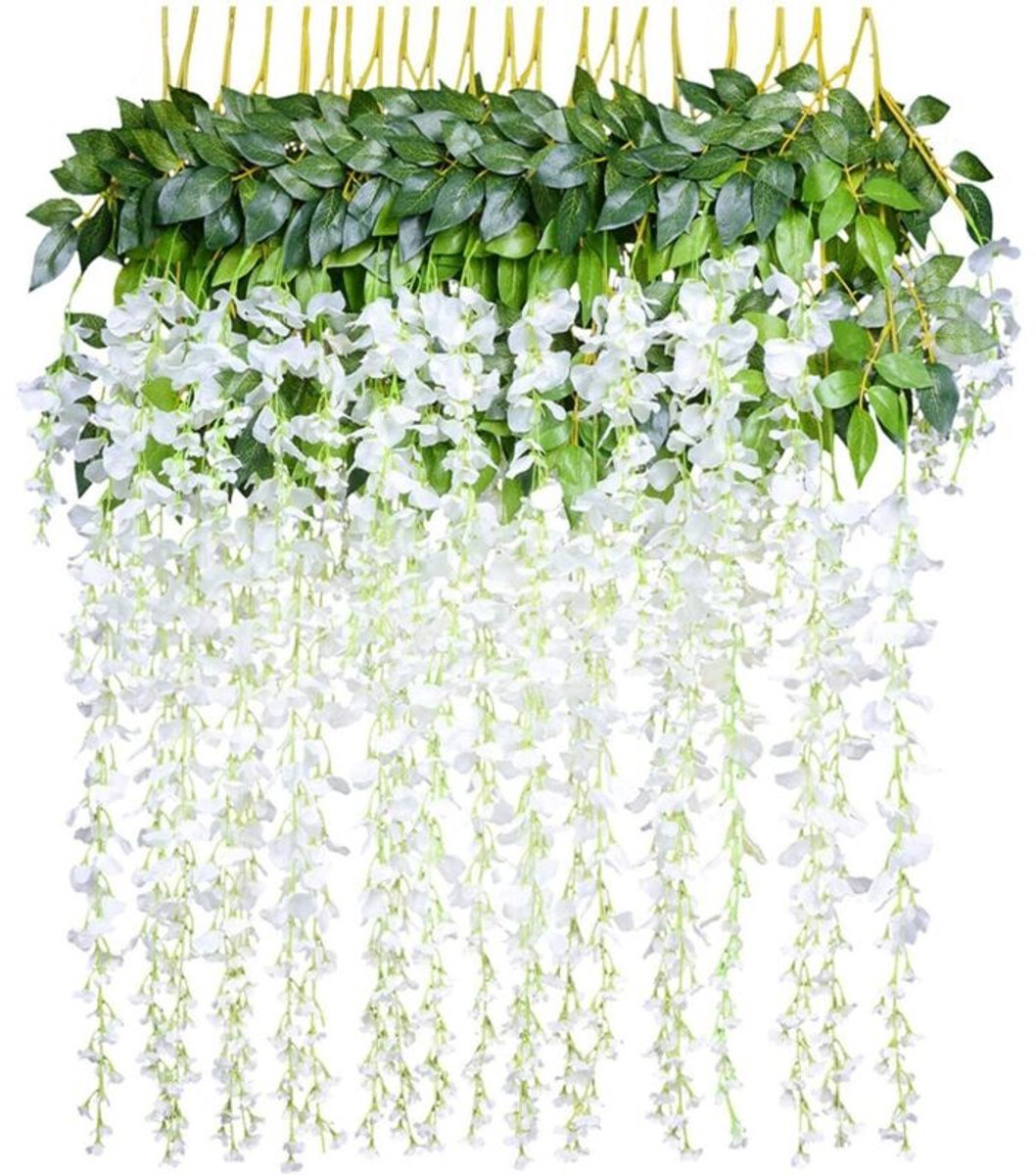 Kunstbloemen, kunstmatige blauweregen, woondecoratie, elke steel 110 cm lang, gemaakt van zijde, geschikt voor bruiloften, huizen, tuinen, feesten, 12 stelen per verpakking - melkwitte kunstplanten