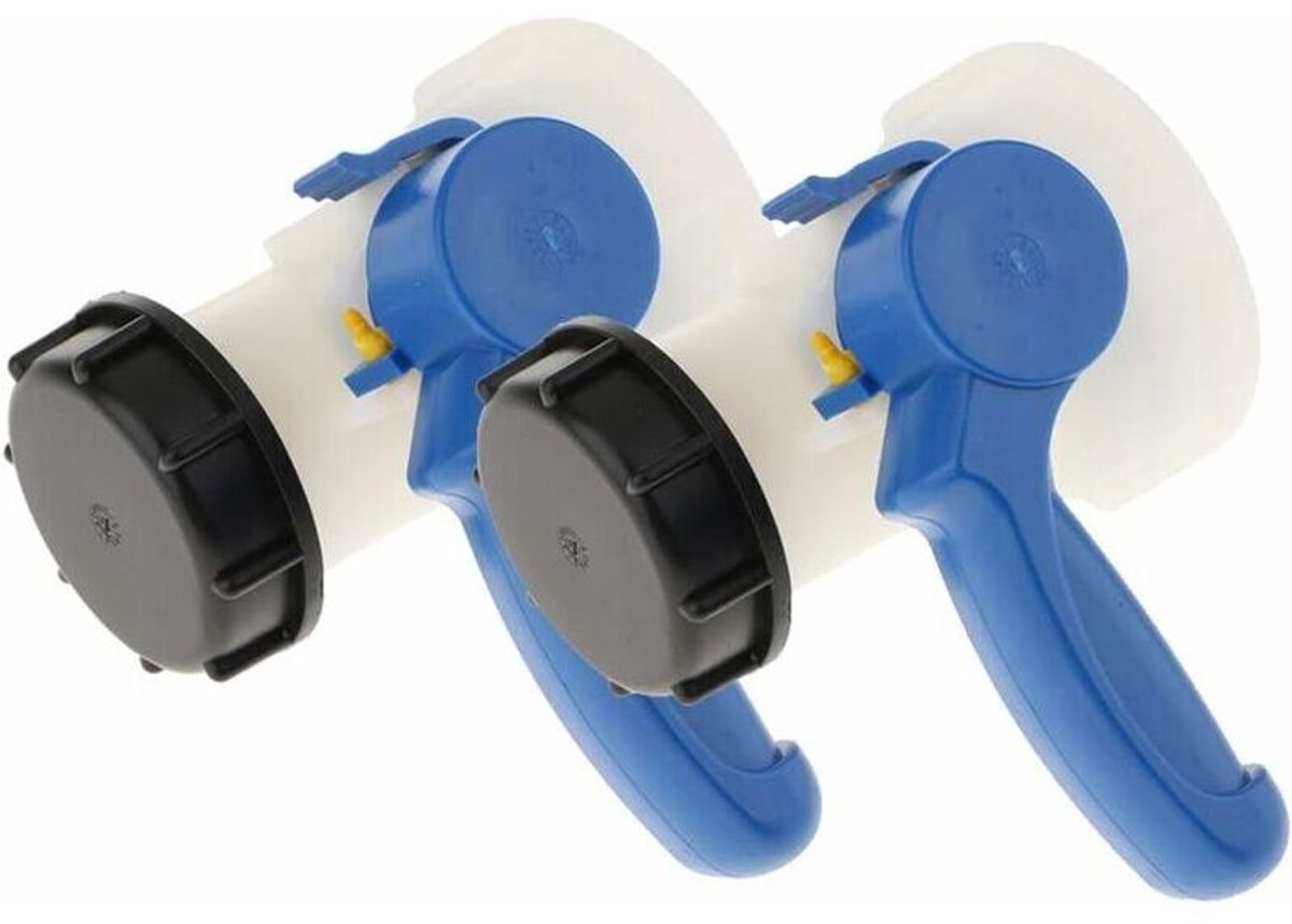 Twee PP-vlinderkranen geschikt voor 62 mm moeradapters, geschikt voor IBC-tanks van 1000 liter.