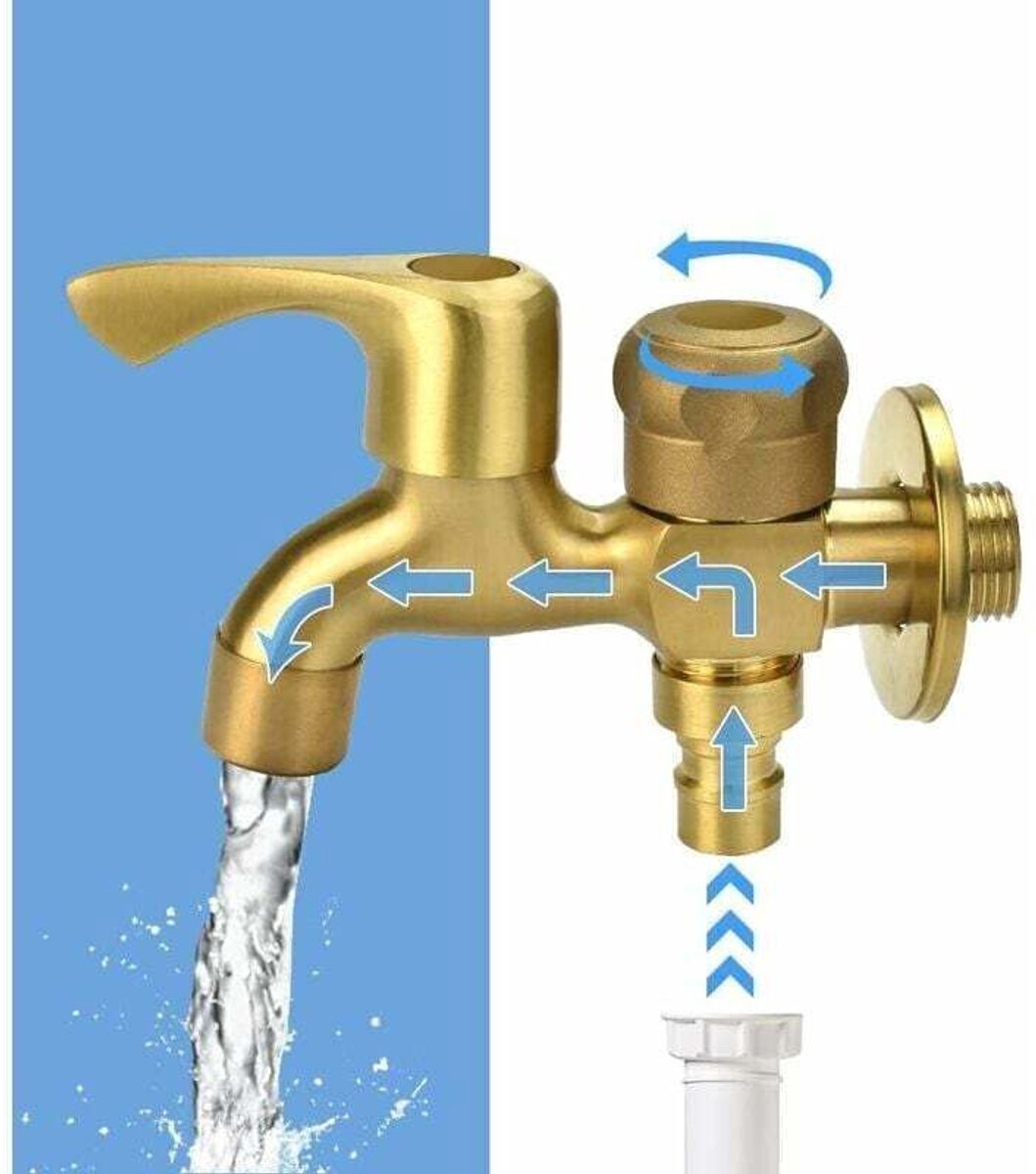 1/2-inch dubbele kraan, tuinkraan geschikt voor 2 messing fittingen, dubbele kraan, wasmachinekraan, buitenkraan geschikt voor de tuin, wasmachinekraan, regenkraan