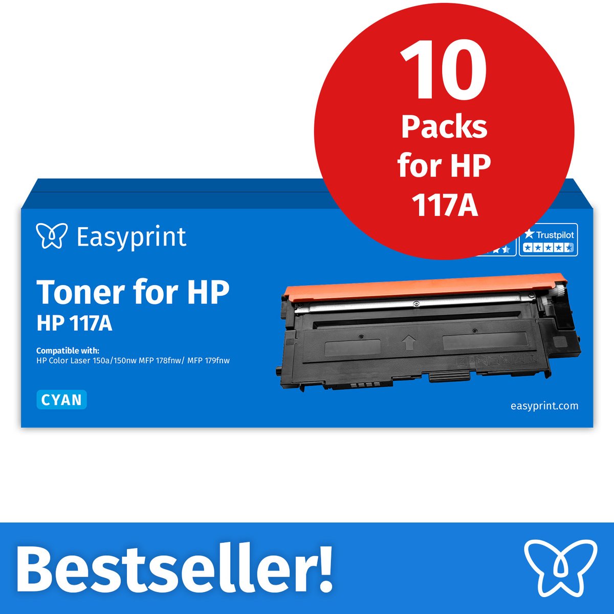 NIEUW: Easyprint Toner voor HP 117A cyaan, compatibel met HP ColorLaser 150, MFP-178, e.d., 10 stuks