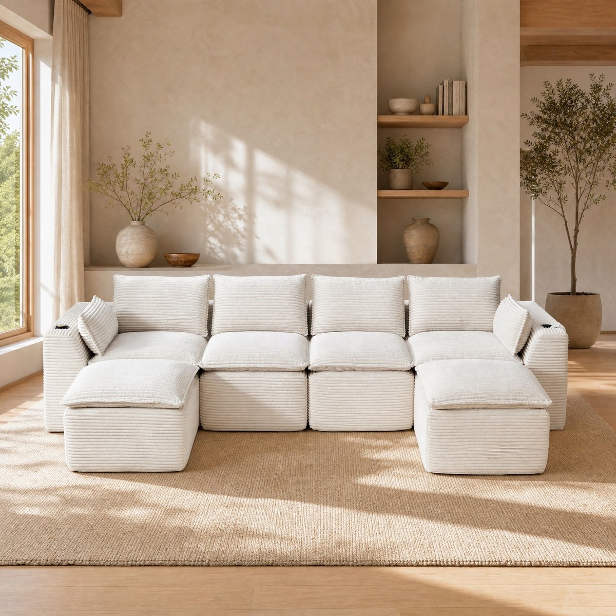 MODFU - Modulaire Bank - 4 Zits - Beige Corduroy - 2 Voetbanken - Kussens