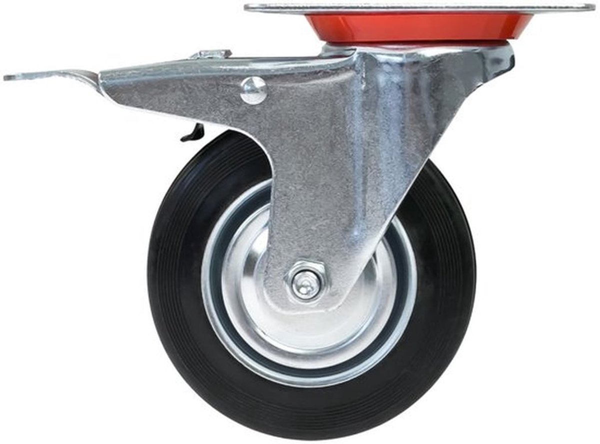 Wielen met rem van massief rubber - Set van 4 stuks - 100 mm - Draagkracht tot 280 kg - Zwart.