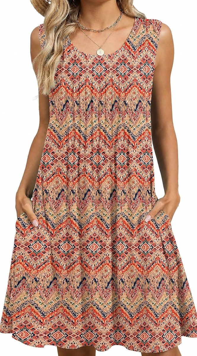 Zomerjurk voor Dames - Geometrische Bloemen - XXL - Ademend Katoenmix - Voor Vrijetijd en Vakantie