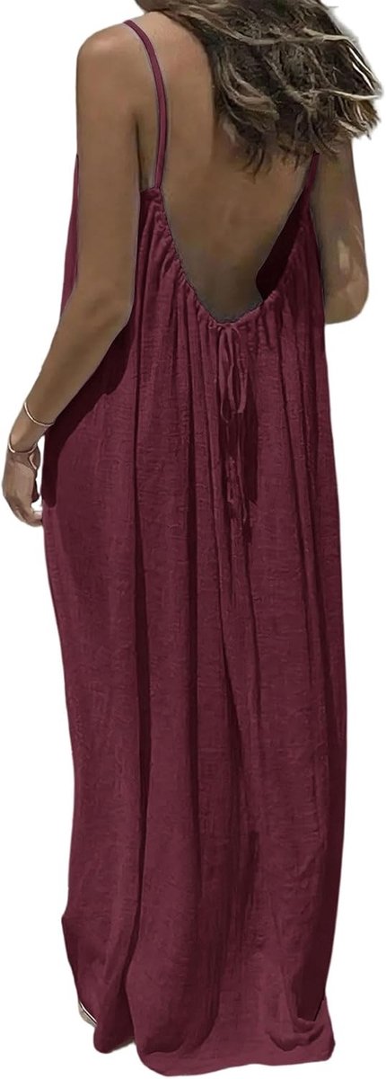 Maxi-jurk - Wijnrood - 3XL - Losse Vrijetijdsjurk met Spaghettibandjes - Voor Dames