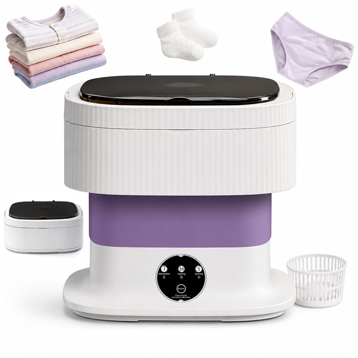 Mini wasmachine - Draagbare wasmachine - Opvouwbare wasmachine - Met centrifuge - 10 Liter - 3 wasprogramma's - Voor camping en babykleding - 30*28*30CM - Paars
