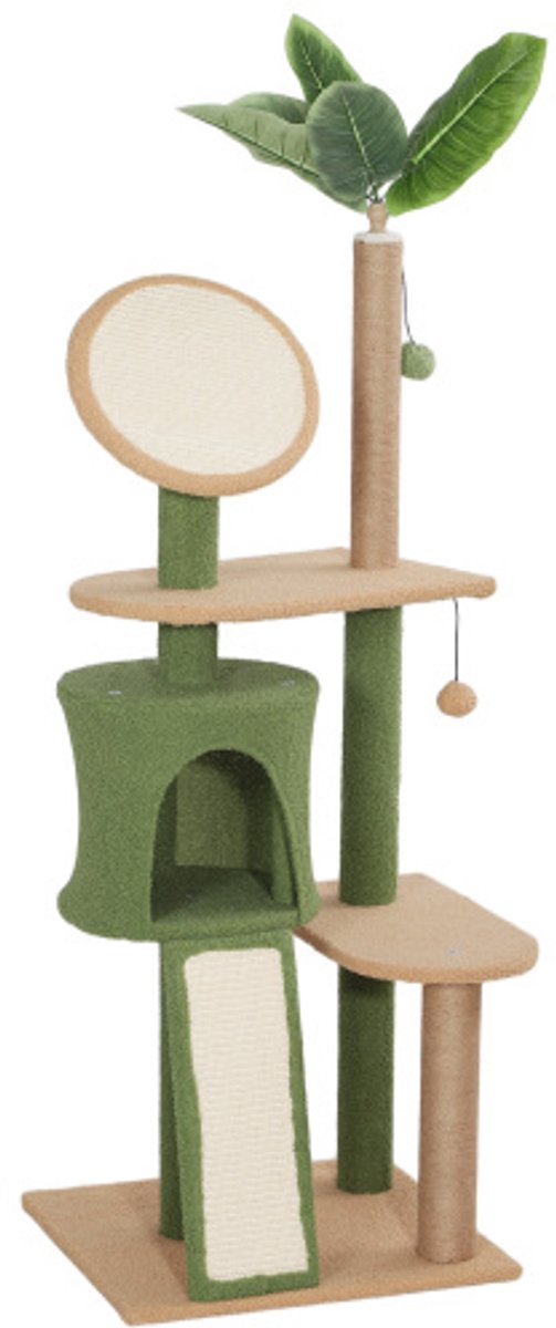 Krabpaal van 139 cm met kattenhol, speelbal en sisal-krabpalen – Voor katten tot 5 kg – Groen