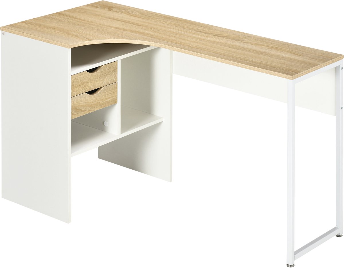 Bureau L-vorm - hoekbureau met opbergruimte - 120 x 60 cm - bureautafel - computertafel met 2 lades en 3 open vakken, pc-tafel - wit + licht eiken