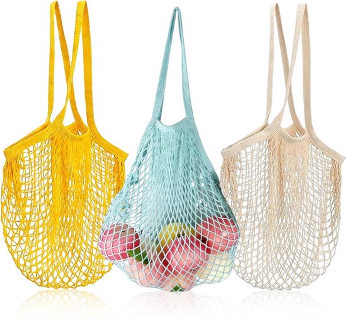 Herbruikbare Netten voor Boodschappen - Set van 3 Kleurige Lange Handvatten voor Boodschappen en Strand Speelgoedopslag