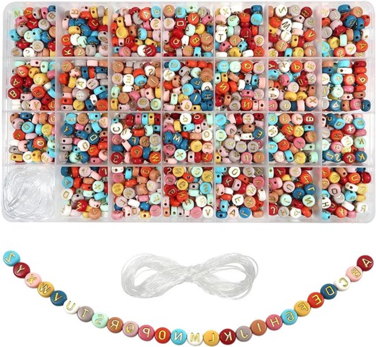1440 Stuks Acryl Alphabet Kralen 7mm Rond A tot Z Kleurige Kralen met Gouden Letters en 15m Kristal Elastisch Koord voor DIY Armbanden en Kettingen Maken