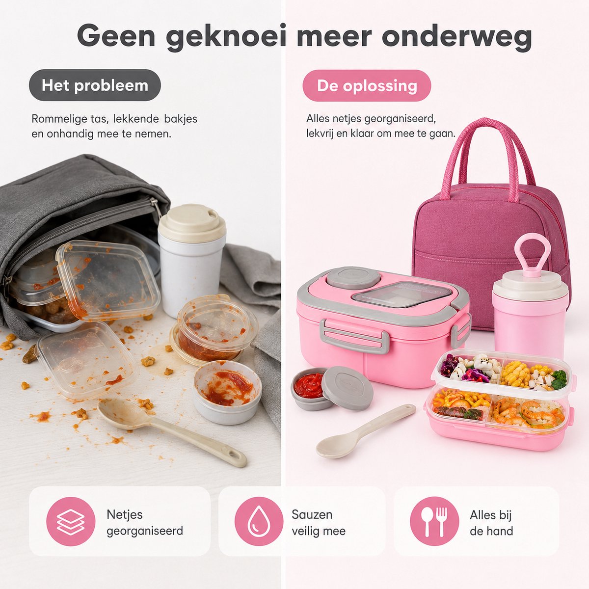 Bobypet - Lunchbox Set met Geïsoleerde Lunchtas- 1200ml - 2-Laags Stapelbare Broodtrommel met Vakjes - Lekvrij en BPA-Vrij - Inclusief Bestek, Sausbakje en Waterbeker - Geschikt voor Magnetron - Roze — cadeau in Koken & Dineren - foto 7