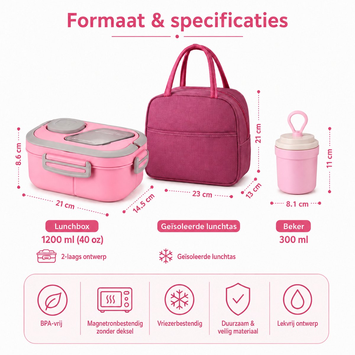 Bobypet - Lunchbox Set met Geïsoleerde Lunchtas- 1200ml - 2-Laags Stapelbare Broodtrommel met Vakjes - Lekvrij en BPA-Vrij - Inclusief Bestek, Sausbakje en Waterbeker - Geschikt voor Magnetron - Roze — cadeau in Koken & Dineren - foto 2