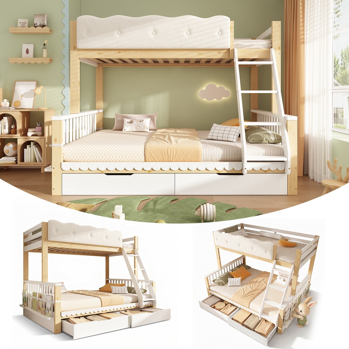 Clruro Stapelbed - 90/140 x 200 cm - Wolkenreling met Laden - EN 747 - Grenen/Hout - Wit/Eiken