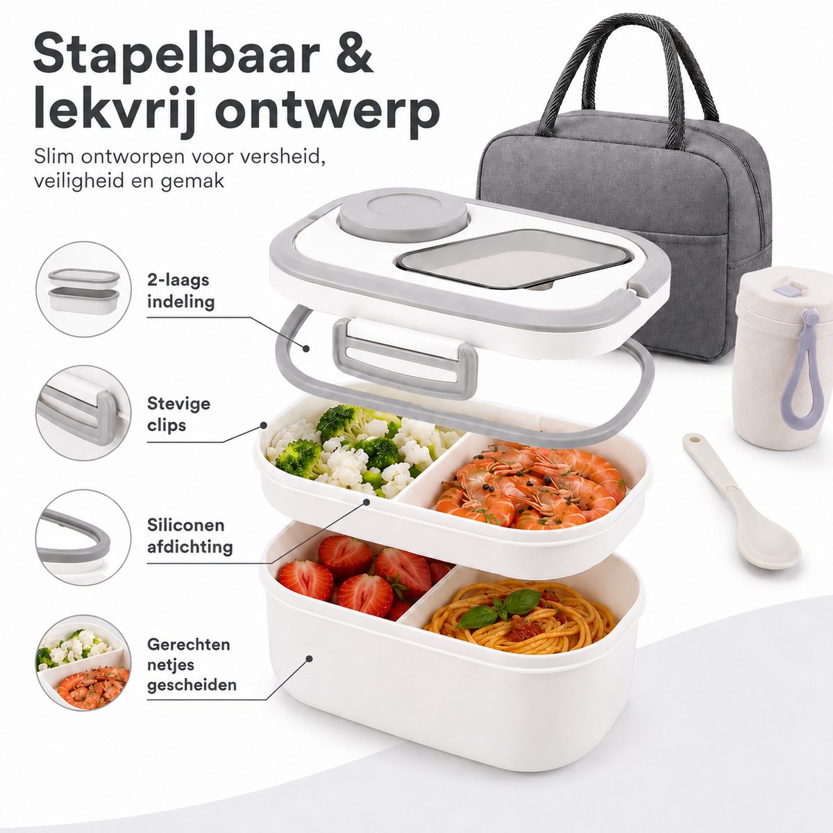 Bobypet - Lunchbox Set met Geïsoleerde Lunchtas- 1200ml - 2-Laags Stapelbare Broodtrommel met Vakjes - Lekvrij en BPA-Vrij - Inclusief Bestek, Sausbakje en Waterbeker - Geschikt voor Magnetron -Wit — cadeau in Koken & Dineren - foto 4