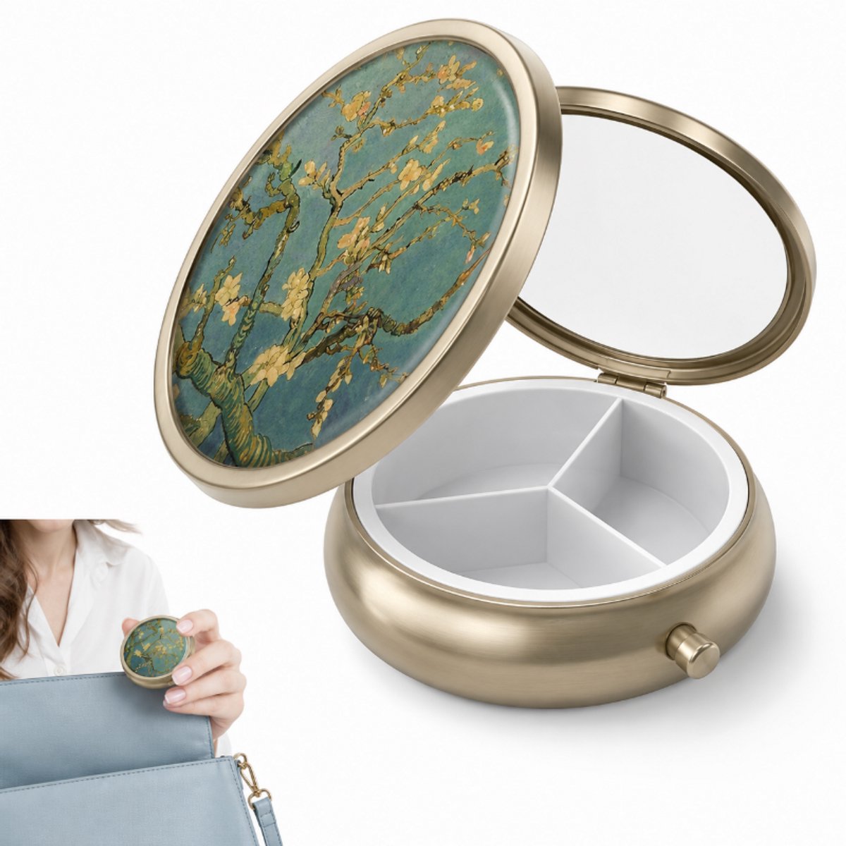 VanGogh Art Pillendoosje met Spiegel - 3 Vakken Bronzen Ronde Medicijndoos - Draagbare Pillenbox voor Vitamines en Visolie