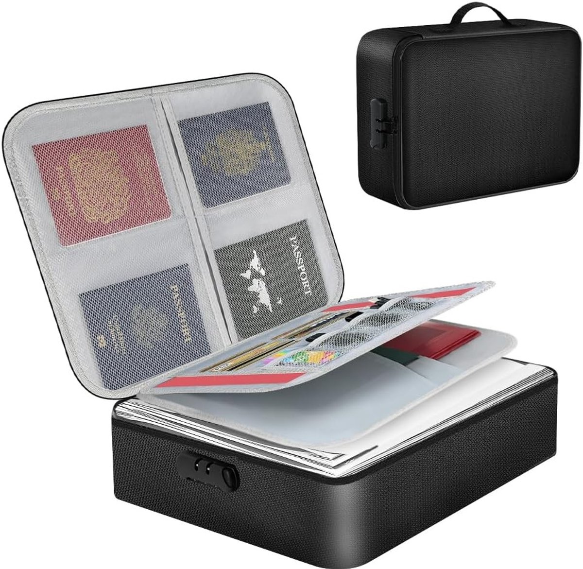 Brandwerende Documentenbox - Zwart - 37 x 27 x 10 cm - Brandveilige Kluis met Cijferslot - Voor Documenten en Waardevolle Spullen
