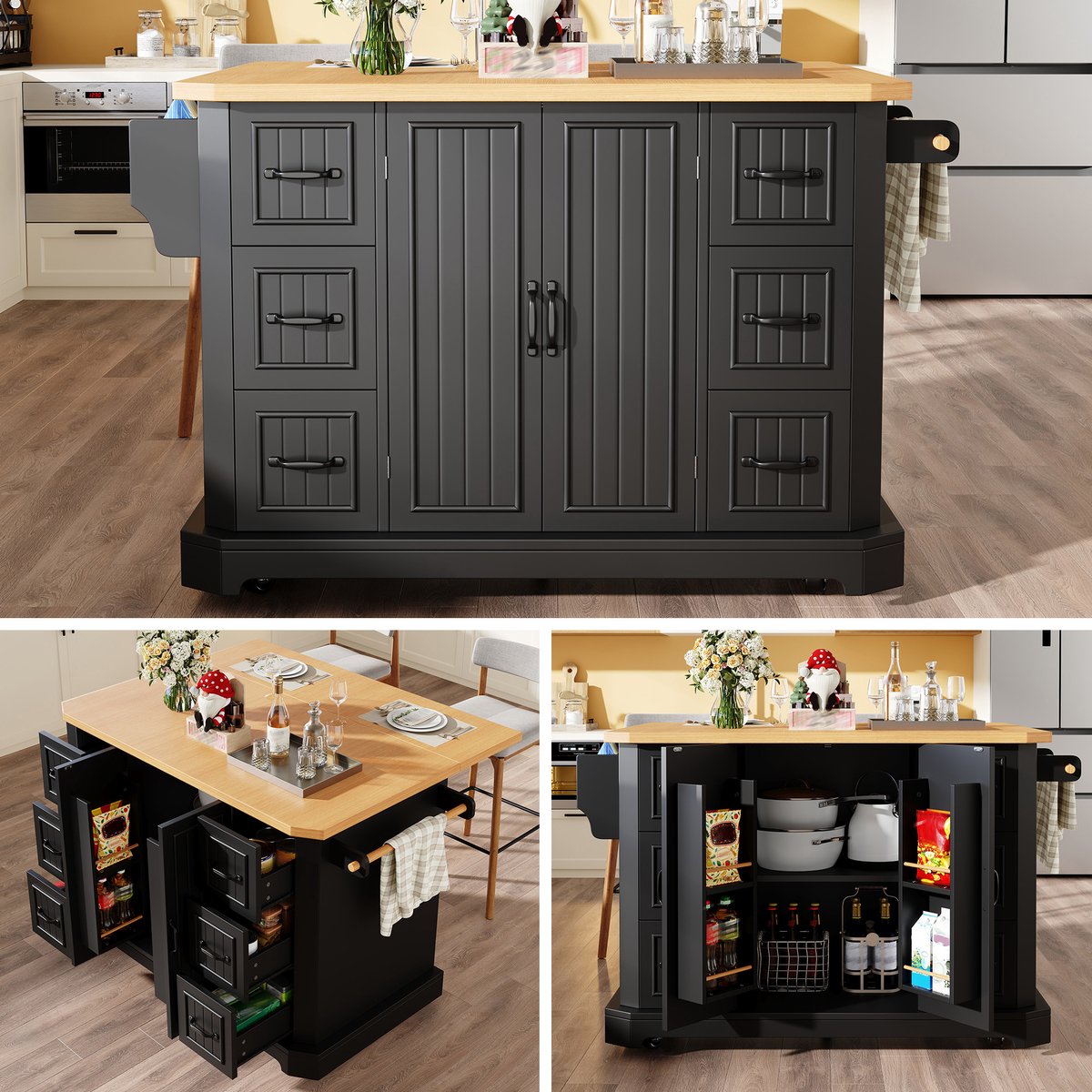 Keukentrolley - met mobiel ontwerp en opbergruimte - zwart - afmetingen 120 x 45 x 91 cm - voor een praktische keuken - voor dagelijks gebruik