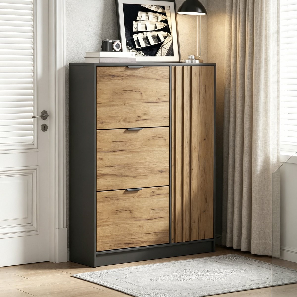 Schoenenkast - Smalle Staande Kast Met 3 Klapvakken En 1 Deurvak - Voor Hal En Gang - MDF - Naturhoutkleur En Zwart - 100x30x130 Cm