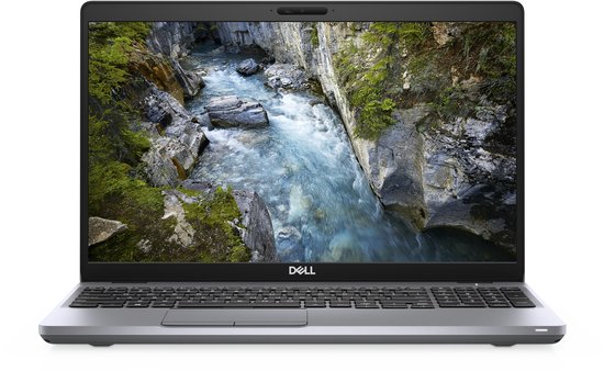 Grijze Dell laptop, open, met een rivierlandschap op het scherm. Toont het Dell logo.
